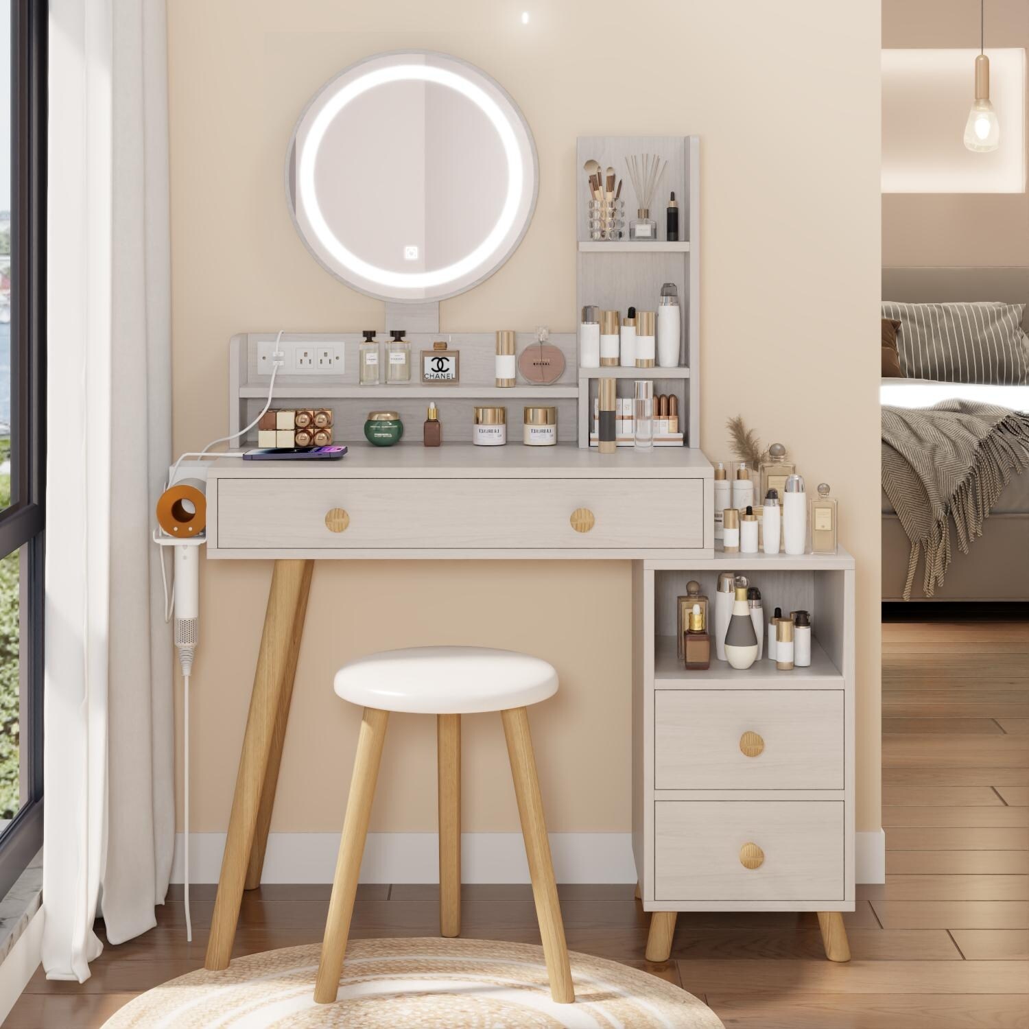 Round Mirror Bedside Cabinet Vanity Table Cushioned Stool With 2 AC Power 2 USB socket Multi layer Storage Bed Bath Beyond 39868013
